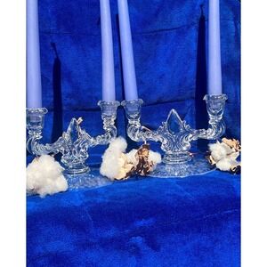 vintage cut crystal  pair of candlestick holders antique clear etched